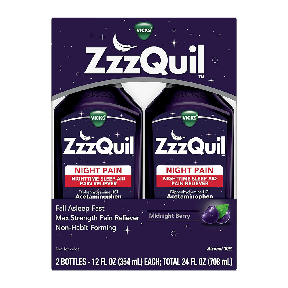 Vicks ZzzQuil Nighttime Pain Relief Sleep Aid Liquid Pack Of 2, Midnight Berry, 24 Oz